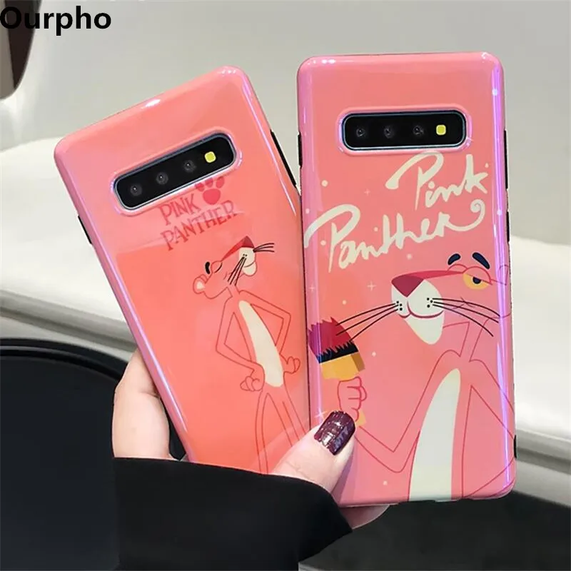 

Ourpho For Samsung Galaxy S8 S9 S10 Plus Pink Soft Cases Cartoon Panther Phone Cover For Samsung Note 8 9 Blu-ray Cute Case