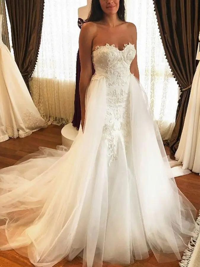 

Luxury Watteau Train Appliques Wedding Dress 2019 Vintage Bridal Gown Mermaid Lace Reception Bridal Dresses Custom Made