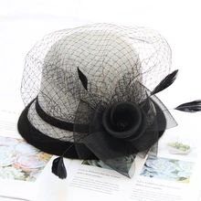 Elegant Wool Felt Fedora Black Ladies Red Hats Wedding Fascinators Women Mesh Bowknot Bowler hat Pillbox Hat Chapeau Party Hats curly brim pompon bowknot embellished pillbox hat