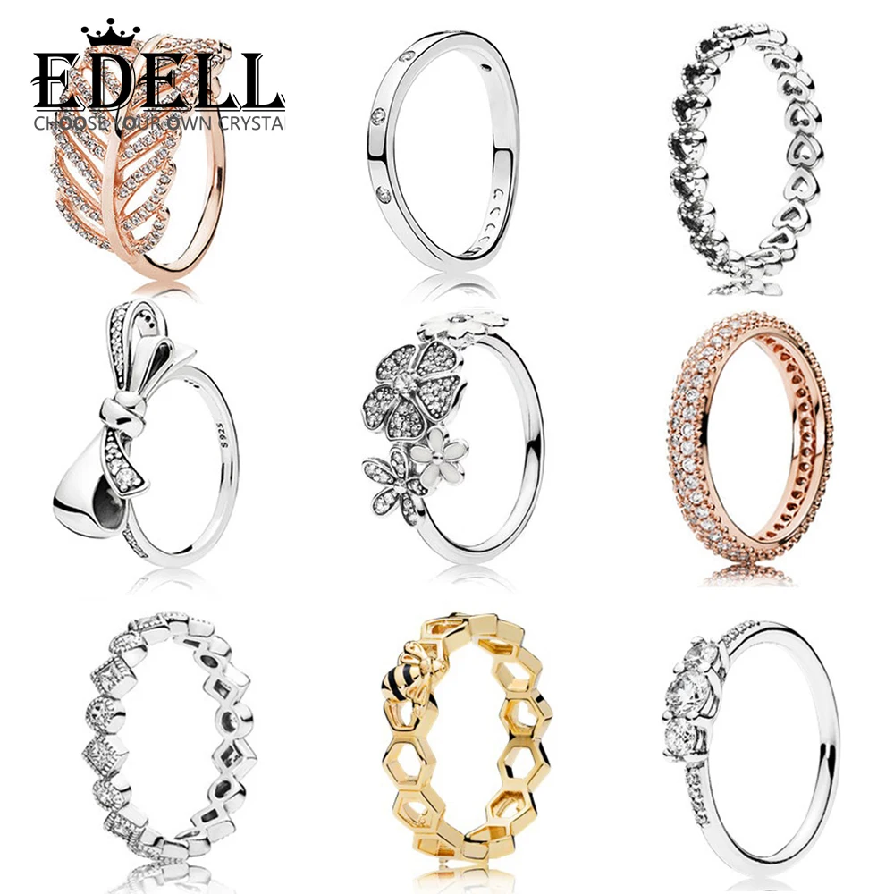 

EDELL 100% Silver Bow Ring Daisy Charm Heart-shaped Ring 18K Gold Bee Original Hive Hollow Ring Geometric Zircon Rose Gold Ring