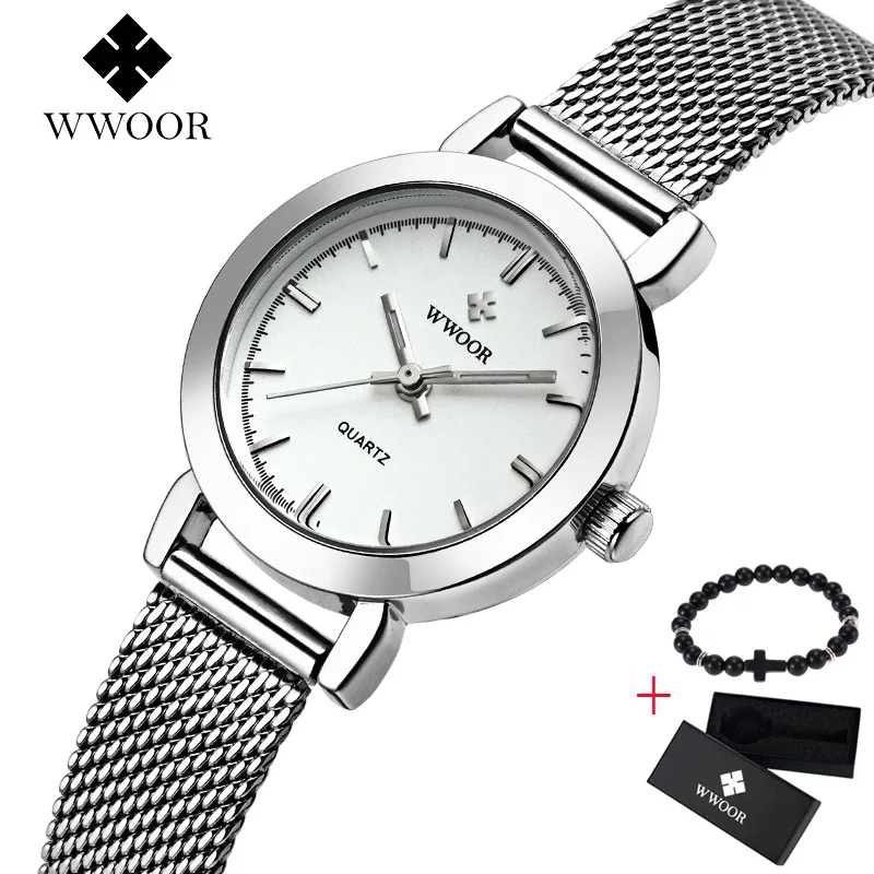 WWOOR, женские часы, люксовый бренд, женские кварцевые часы, нержавеющая сталь, сетка, ремешок, Повседневный, бесплатный Браслет, Подарочная коробка, наручные часы, reloj - Цвет: Белый