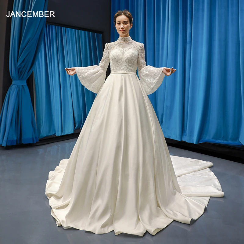 J66779 jancember атласное свадебное платье для мусульман Расшитое Бисером, с высоким воротником свадебные платья в стиле бохо