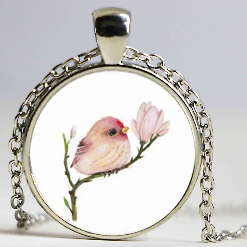 Vintage Baby Bird and Flowers Necklace Animal Jewelry Glass Cabochon Photo Pendant Chain Statement for Women Men Girls | Украшения и