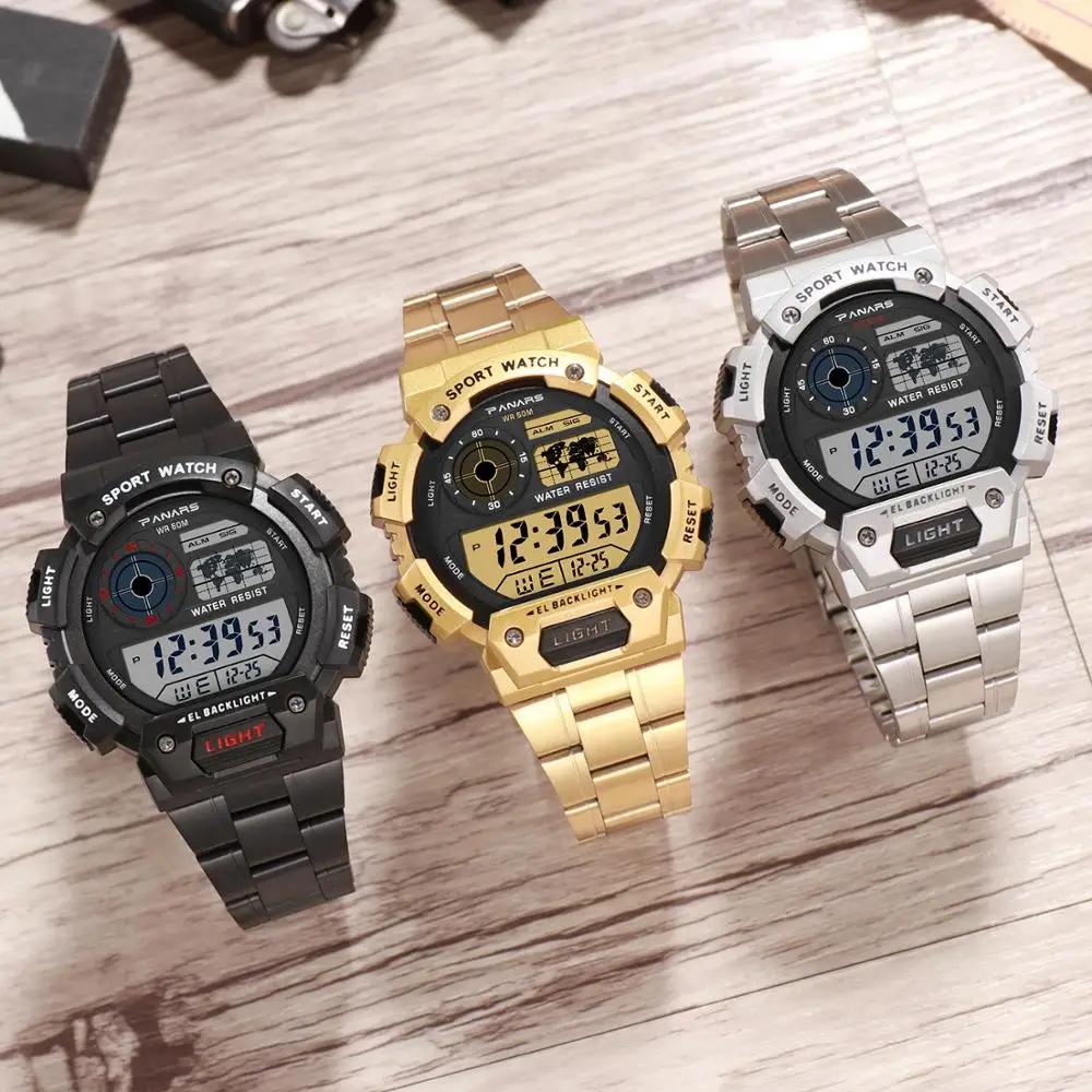 Skup PANARS New Arrival wojskowe zegarki sportowe ze stali nierdzewnej elektroniczne zegarki męskie luksusowy zegarek męski wodoodporny cyfrowy zegarek LED