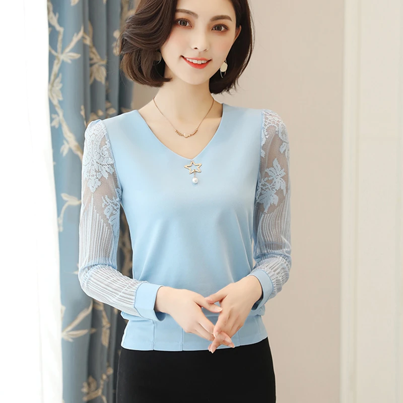 Nuevos Tops de mujer moda 2019 verano Blusa de encaje de manga larga Casual elegante de gasa cuello en V camisa fresca negro púrpura rojo azul|Blusas y camisas| -