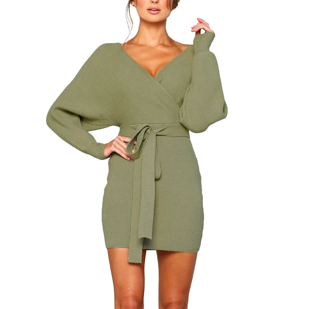 

Women Sexy V Neck Knitted Sweater Bodycon Dress Belted Backless Knitwear Dress Casual Ruffle Mini Party Dress women saia416