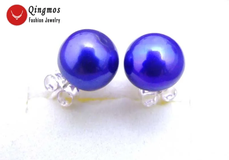 Qingmos Blue Natural Pearl Earrings for Women with Blue Flat Round Pearl Stering Silver 925 Trendy Stud Earring Fine Jewelry-346