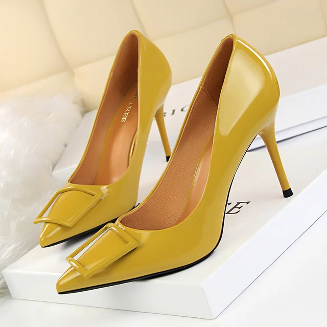 BIGTREE/обувь; женские туфли-лодочки; весенняя женская обувь на высоком каблуке; свадебные туфли из лакированной кожи на каблуке «рюмочка» с острым носком; женские вечерние туфли на каблуке - Цвет: Цвет: желтый