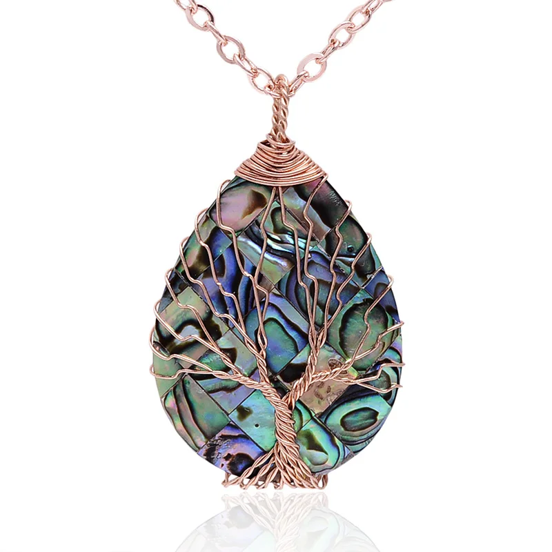

Vintage Tree of Life Natural Abalone Shell Pendants Necklaces for Women Wrapped Copper Wire Charm Decor Jewelry Gifts