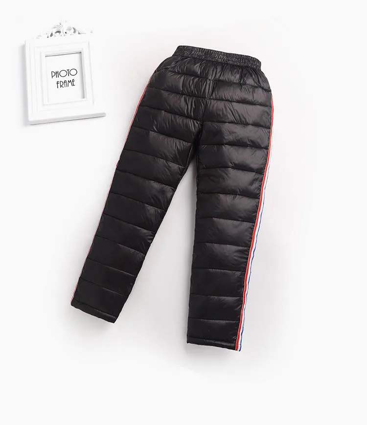 Новые детские брюки для девочек и мальчиков, длинные штаны, зимняя утепленная теплая пуховая Детская осенняя одежда, водонепроницаемые зимние штаны
