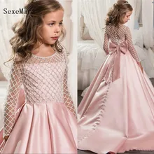 Новое индивидуальное платье с длинными рукавами и цветочным узором для девочек Детские платья принцессы торжественный праздник первого причастия для девочек платья белого/цвета слоновой кости/розового цвета