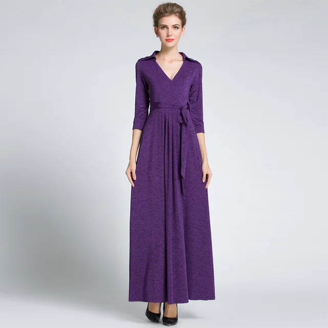 purple womens elegant vintage wrap belted tunic slim business party plus size wrap maxi dress