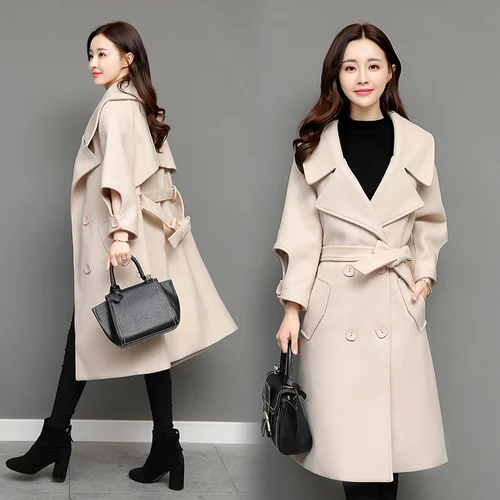 

Solid Color Women's Windbreaker Raincoat Thickening Woolen Long Wind Coat Trench Female Casaco Feminino Chic Cardigan For Women