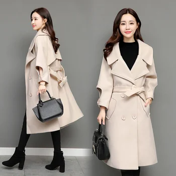 

Solid Color Women's Windbreaker Raincoat Thickening Woolen Long Wind Coat Trench Female Casaco Feminino Chic Cardigan For Women