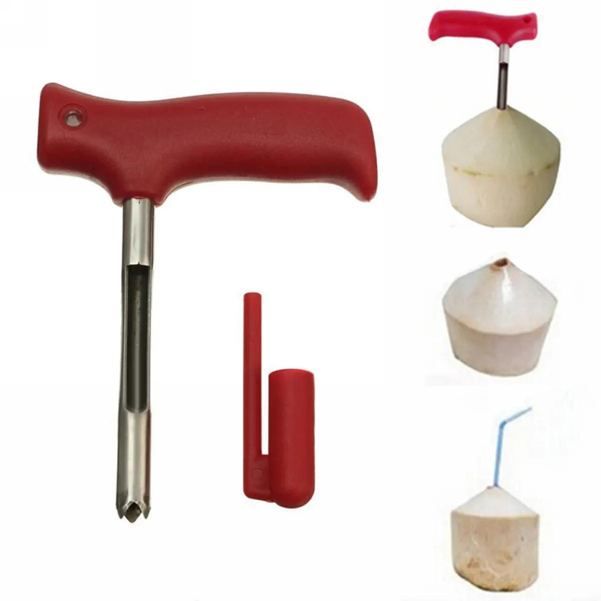 1PC Stainless Steel Red Handle Coconut Opener Tool Coco Water Punch Tap Drill Straw Open Hole Cut Gift Fruit Openers Tools