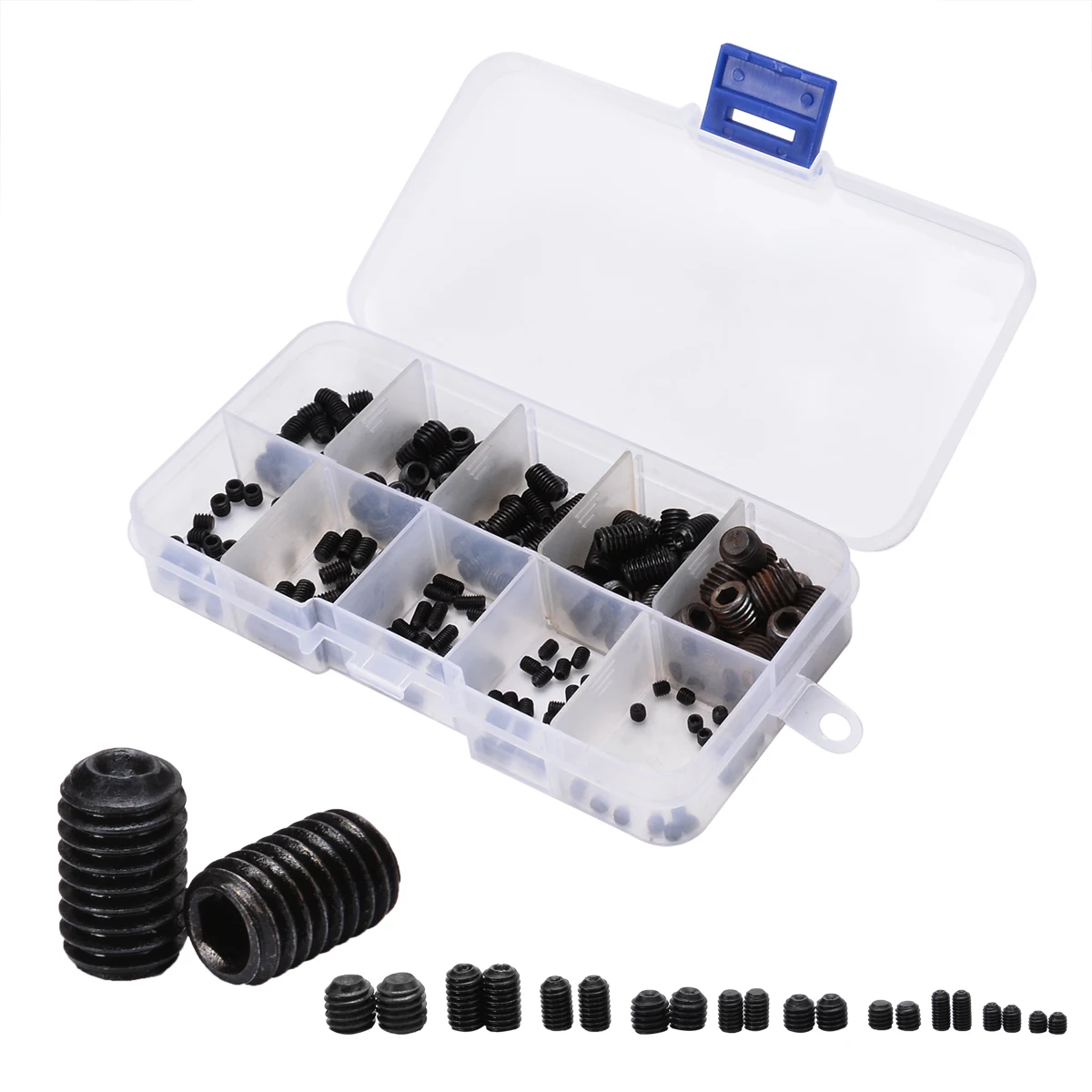 

200pcs 12.9 Grade Allen Socket Screws Hex Head Set M3 M4 M5 M6 M8 Thread Cup Point Grub Screws Assortment Kit with Plastic Box