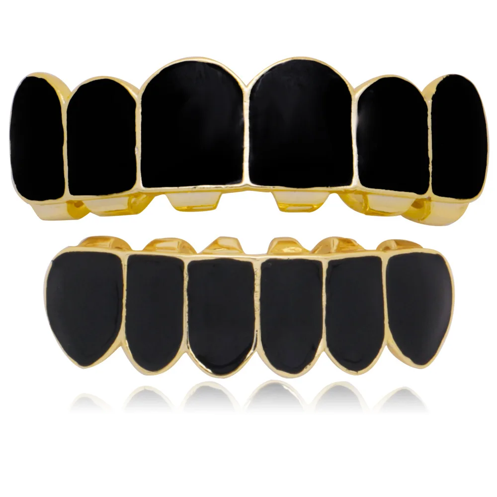 

1SET ICED OUT Hip Hop Black Tooth Cap 6 Top & 6 Bottom Grillz Teeth Grillz Mouth Vampire Fang Body Jewelry Cosplay Trendy
