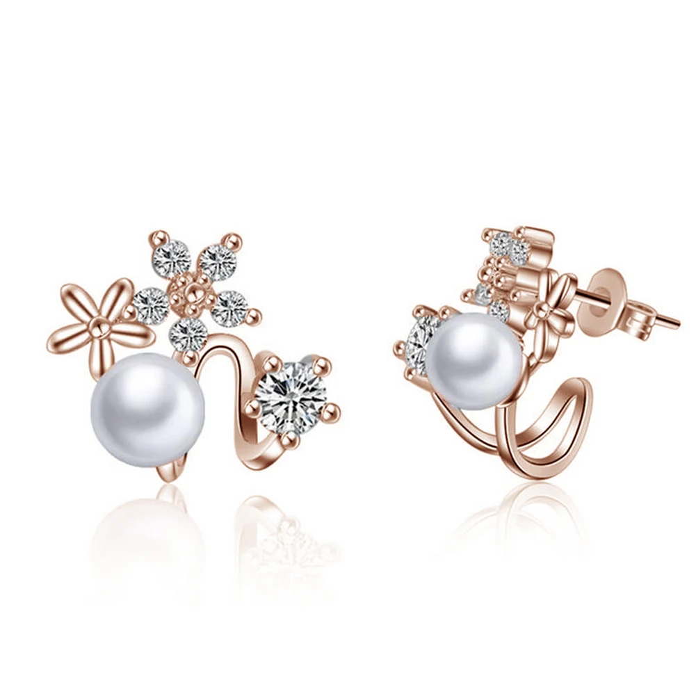 

2017 Korean Style Fashion Earrings Big Simulated Pearl Jewelry Rose Gold Silver Color Crystal Flower Hot Stud Earrings For Girl