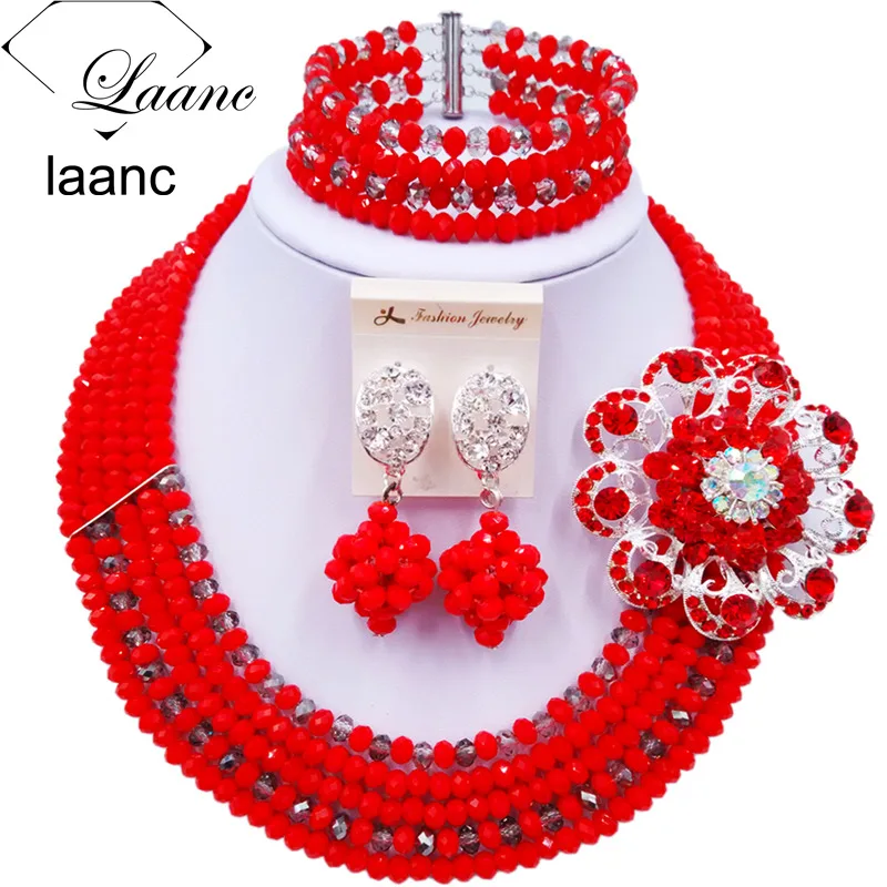 

Laanc Latest Opaque Red Grey Gray Crystal African Necklace Beads Set Nigerian Beaded Jewelry Set for Weddings C5RST047