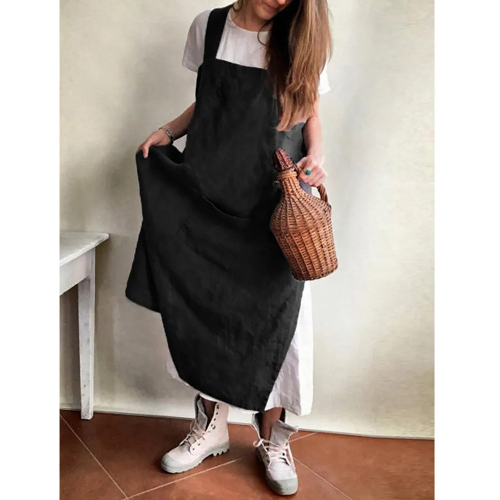

Women Apron Garden Work Pinafore Dress Vintage Sleeveless Solid Color Side Pockets Apron Dress Casual Dress