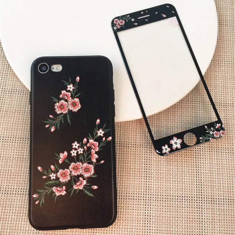 

Embroidery Flower Case Glass for Apple IPhone 7 8 Plus Iphone7 Case Cover For iPhone 6 Plus 6S 360 Full Cover X Xs Max Xr 5 S SE