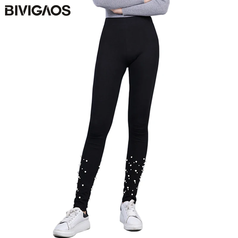 

BIVIGAOS Spring Autumn New Pearl Black Leggings Women's Stretch Cotton Sport Workout Leggings Thin Slim Gothic Legging Pants