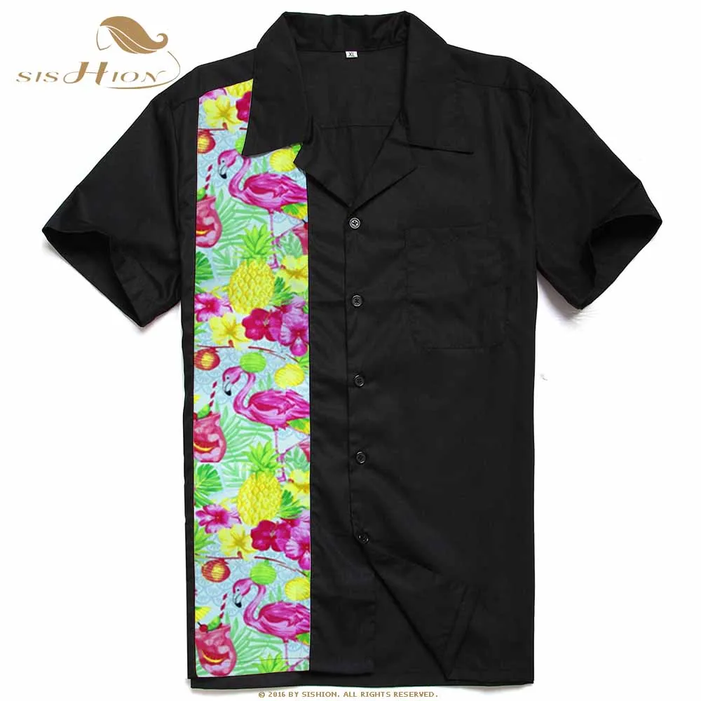 SISHION 50's Inspired Button Up Bowling Shirt ST110 Black Short Sleeve Flamingo Pineapple Floral Print Retro Men Shirt camisas