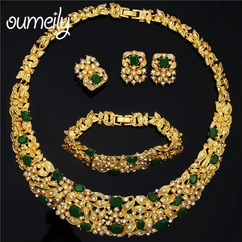 

OUMEILY Women African Nigerian Beads Jewelry Set for Wedding Green Imitation Crystal Zircon Big Choker Bride Fashion Jewelry