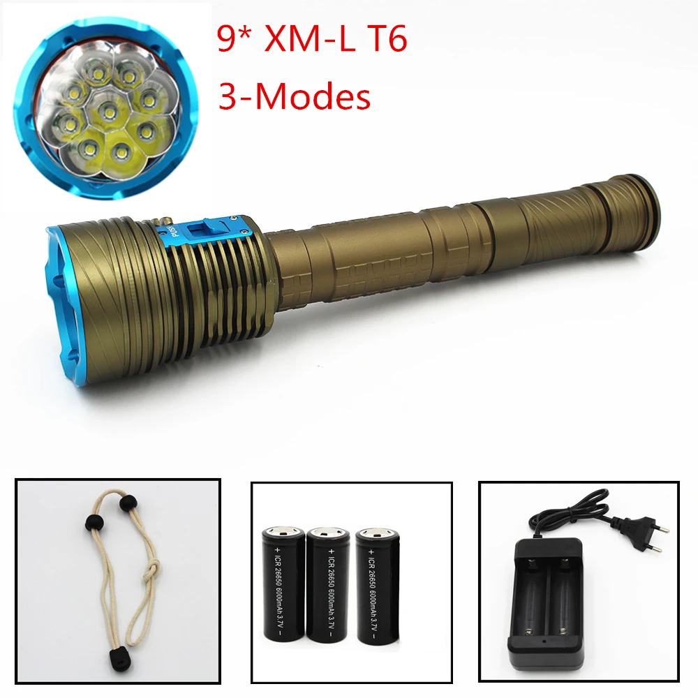 New Diving LED Flashlights 3 Mode (high - low - SOS) 9000 Lumens 9 * CREE T6 100M Underwater Waterproof Tactical Torch