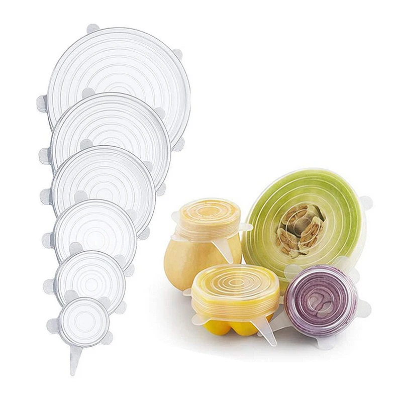 

6pcs Transparent Fresh Cover Reusable Food Grade Silicone Fruit Stretch Lids For Fresh Keeping Saran Wrap Food Fresh Lids