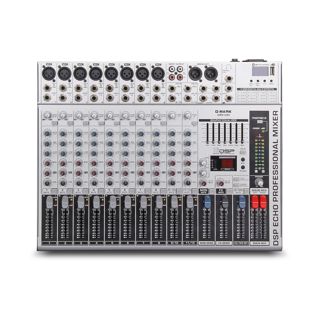 G-MARK GMX1200 профессиональный звуковой микшер микшерный пульт dj Studio 12 каналов 8 моно 4 стерео 7 Бренд EQ 16 эффект USB Bluebooth