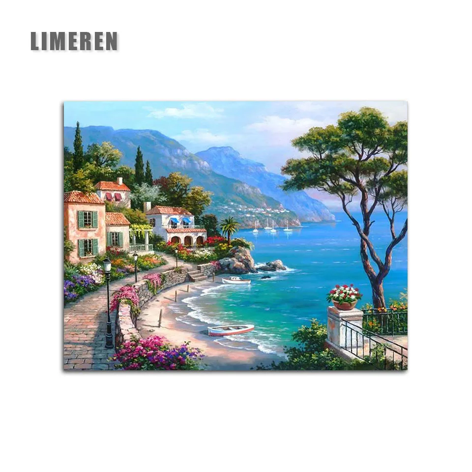 Mediterranean Sea Landscape DIY Painting By Numbers Kits Paint On Canvas With Wooden Framed For Home Wall Decor Unique Gift | Дом и сад