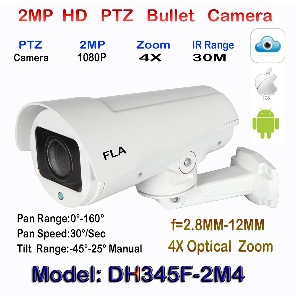 

1080P PTZ Web Bullet Camera 4X Motorized Zoom 2.8-12mm Lens Full HD 2.0MP IP Color IR Bullet Camera with 4PCS Array Leds IR 30M