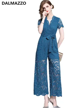 

High Quality 2019 Summer Design Womans Casual Lace Runway Rompers Long Trousers Women V Neck Belt Slim Jumpsuit Wide leg pants