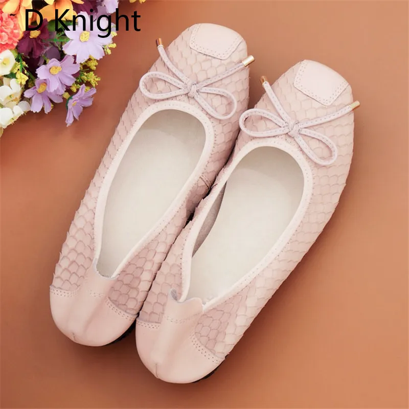 Women Genuine Leather Ballet Shoes Large Size 34-43 Bowtie Lady Footwear Square Toe Moccasins for Women Slip On Flat Nurse Shoes (9)