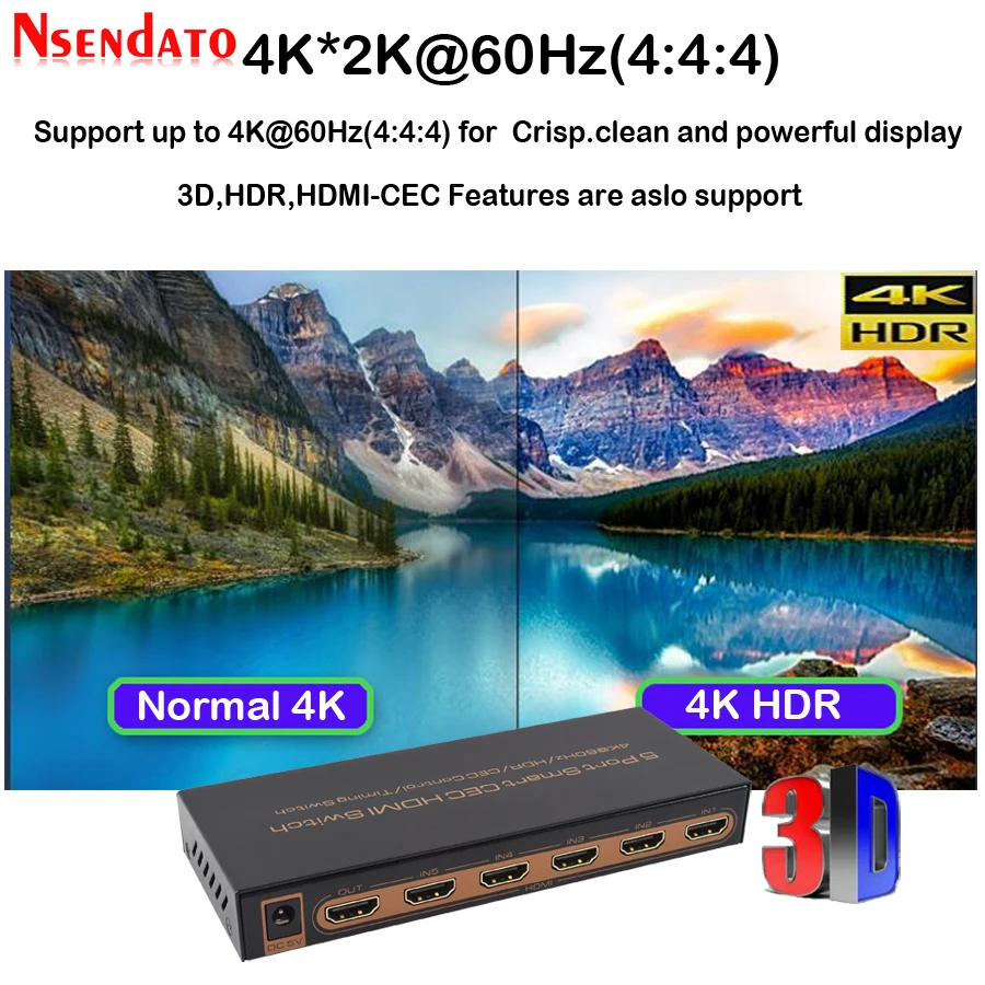  5 Port Smart CEC HDMI Timing Switch 4K 60Hz 18 Gbps 5x1 HDR HDMI Adapter Switcher With IR Romote fo