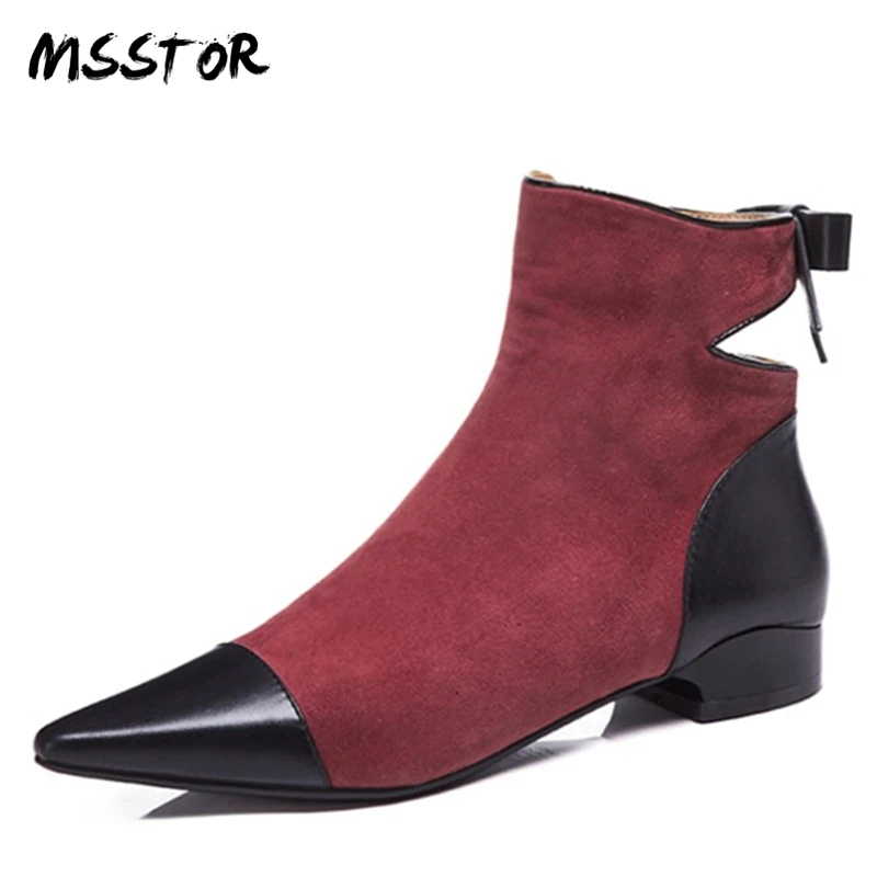 

MSSTOR Kid Suede Hollow Ladies Boots Ankle Fashion Pointed Toe Flats Shoes Women Casusl Butterfly-knot Woman Shoes 2018 Spring
