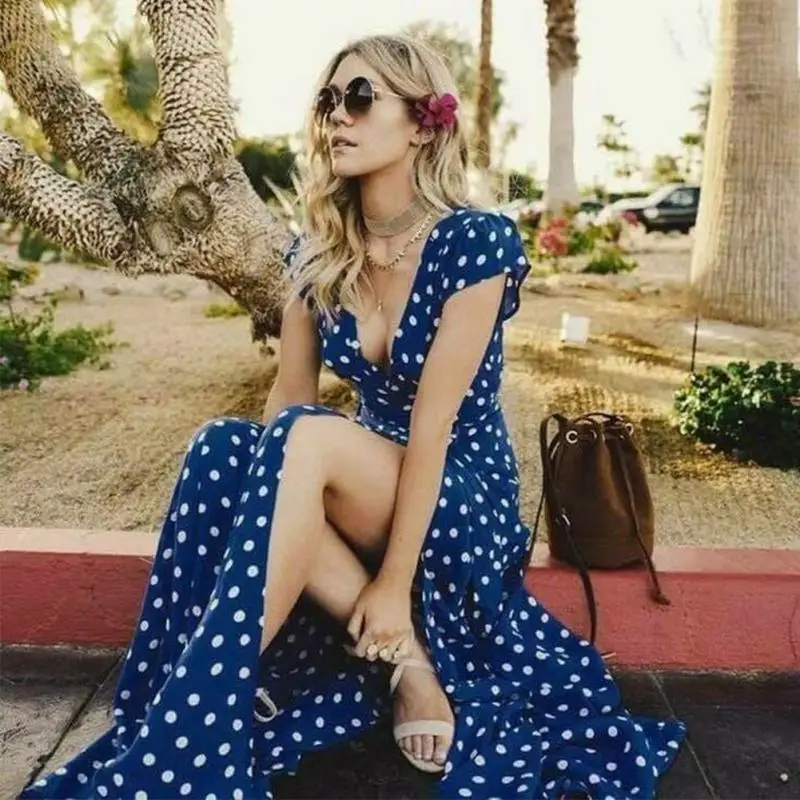 Beach Summer Ladies Long Dress Red White Dot V-neck Women Evening Party Sundress Vestidos de festa Dresses Beach Summer Ladies Long Dress Red White Dot V-neck Women Evening Party Sundress Vestidos de festa Dresses