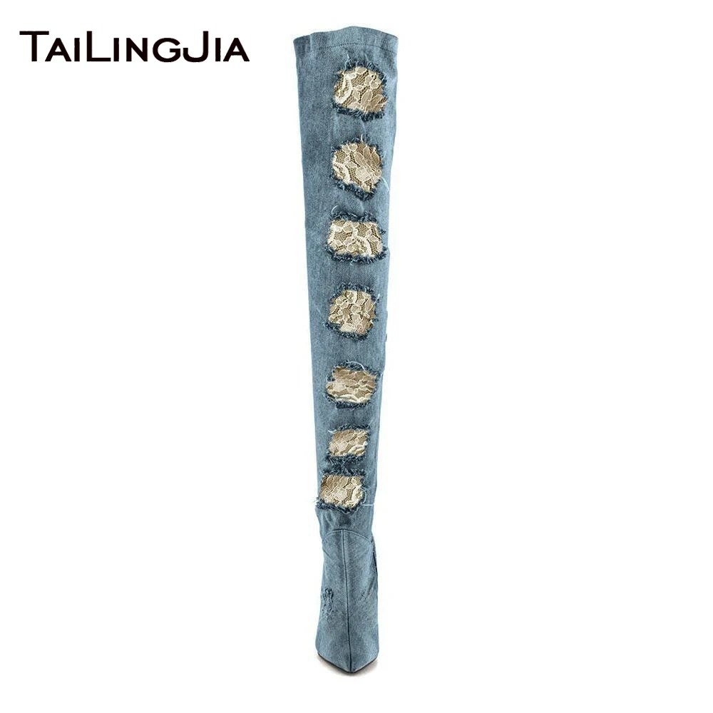 

Lace Mixed Denim Fabric Woman Over Knee Boots With Zipper Ladies Cute Long Boots Party Dress Supper High Heel Large Size Shoes