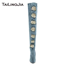 Lace Mixed Denim Fabric Woman Over Knee Boots With Zipper Ladies Cute Long Boots Party Dress Supper High Heel Large Size Shoes Lace Mixed Denim Fabric Woman Over Knee Boots With Zipper Ladies Cute Long Boots Party Dress Supper High Heel Large Size Shoes