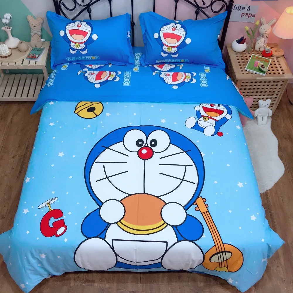 Комплект постельного белья с рисунком Doraemon для мальчиков, хлопковое стеганное одеяло, милое пуховое одеяло с рисунком «Королева», милое постельное белье синего цвета для девочек