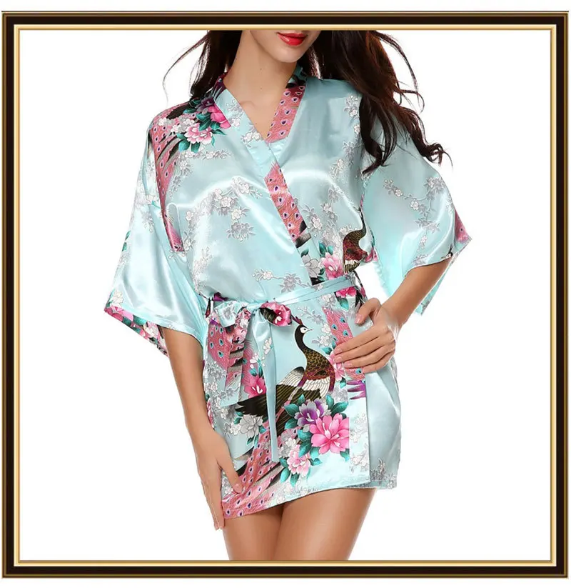 Летнее шелковое кимоно халат женский Атласный халат Longue Femme принт Павлин сексуальная пижама растут Большие размеры iT343 - Цвет: Sky Blue