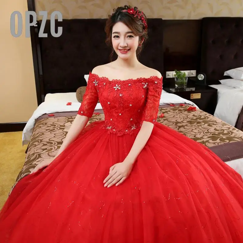 

Custom Made New Desinge Half Sleeve Off Shoulder Flower Pattern Applique Red Vestido de Noiva Lace Crystal Bead Ball Wedding 79R