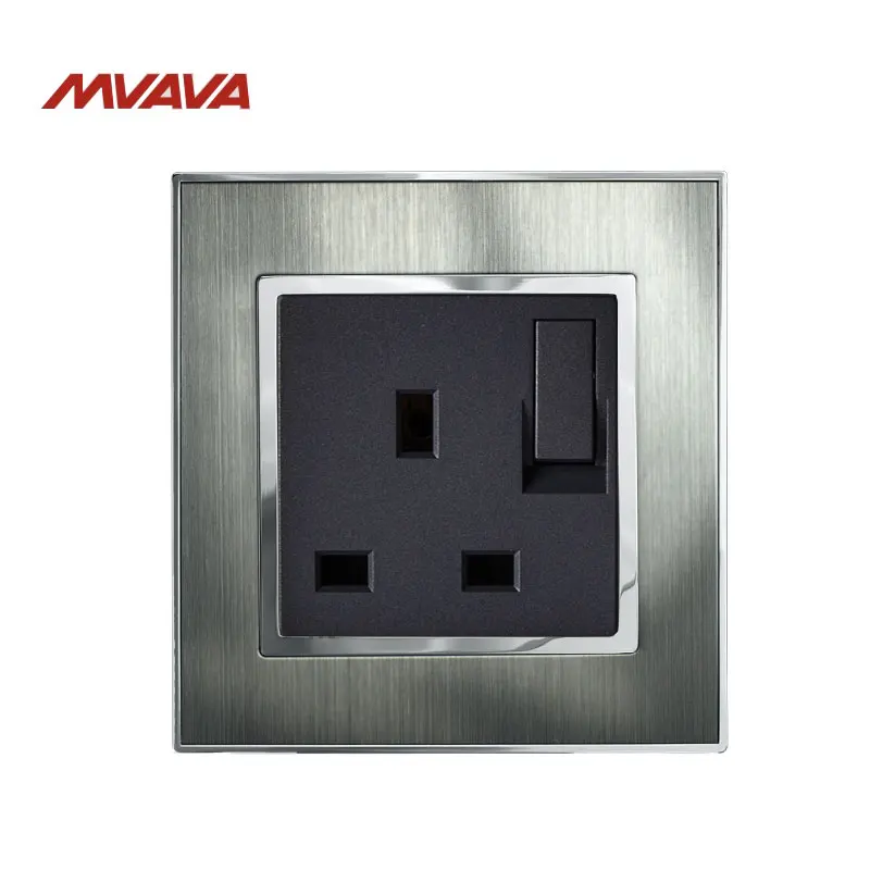 

MVAVA UK Standard Switched Socket Decorative Wall Plug With Switch Luxury Satin Metal Silver Panel