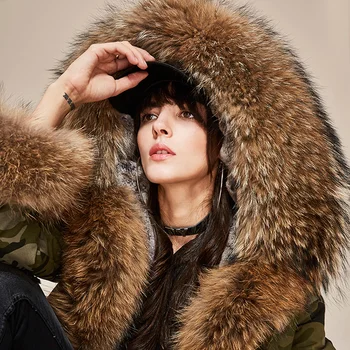 

New 2017 High Fashion Winter Jacket Women's Luxurious Real Large Raccoon Fur Collar MINI Camouflage Parkas Hooded Coat Outwear
