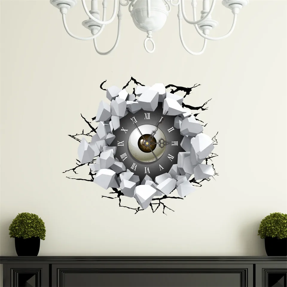 

Funny 3D Broken Wall Clock Stickers Scary Eye Balls Roman numeral Hanging Clock Decal Self Adhesive Vinyl Mural Fancy Wall Watch