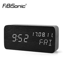 FiBiSonic wooden LED clock,date+week+time temperature sound control Electronic Digital Table Desktop Clocks