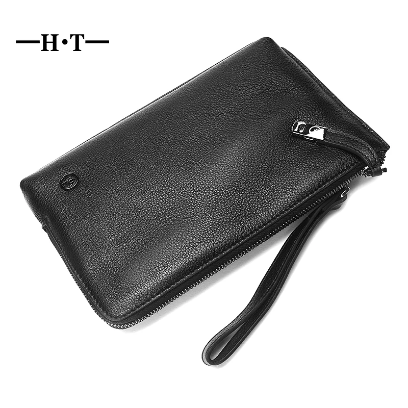 

HT Simple Day Clutches Cowhide Leather Mens Carry Bag Multi-bit Casual Clutch Bags Black Business Style Envelope Pouch Male