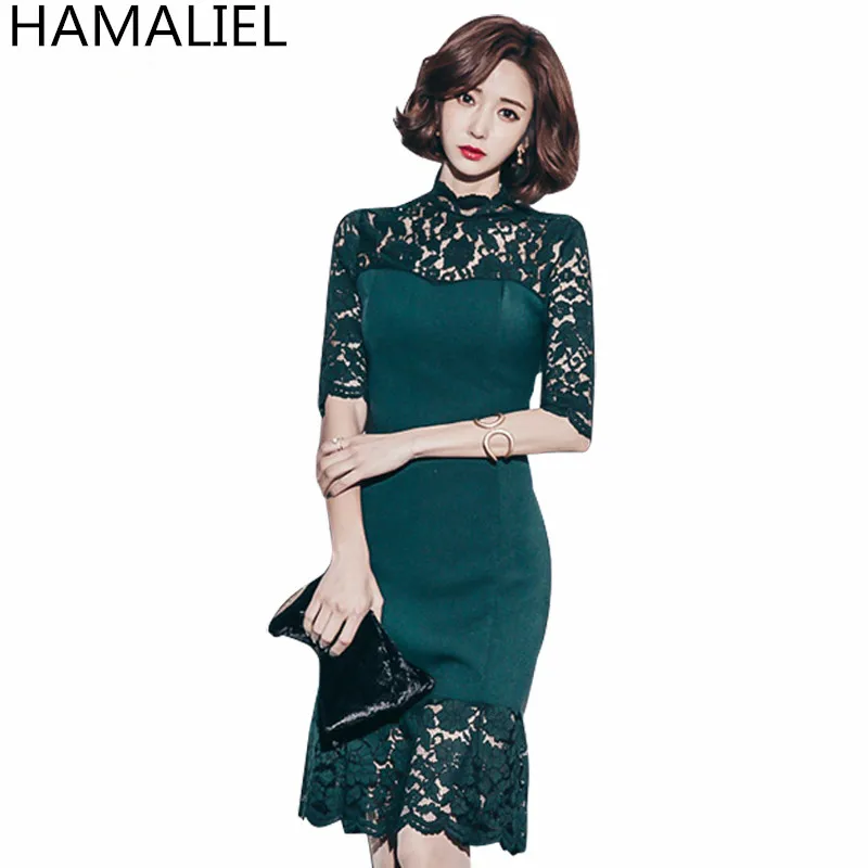Korean Women Spring Party Dress 2018 Fashion Slim Lace Patchwork Hollow