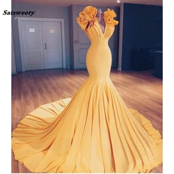 2021 Saudi Arabic Yellow Mermaid Prom Dresses Special Designed Long Ruffles On Shoulder Abiye Elastic Bridesmaid Dresses